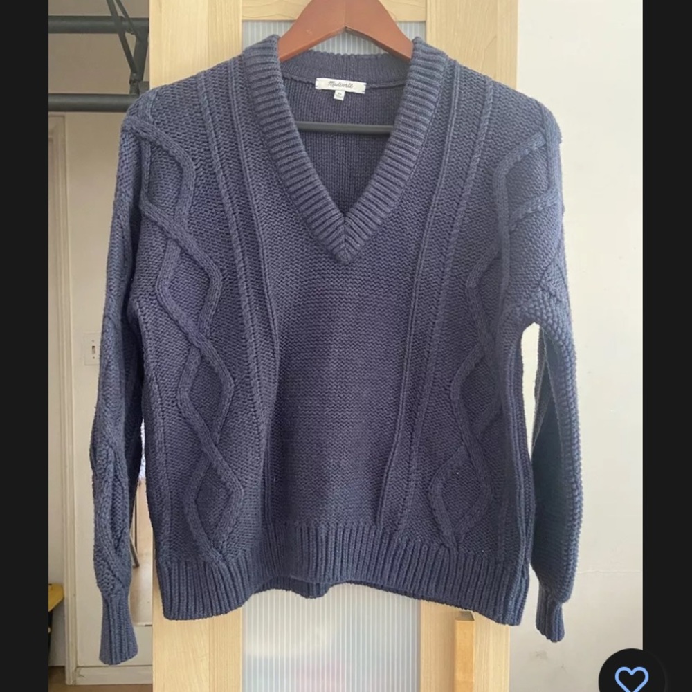 NWOT Madewell Augustus Cable Knit Sweater Top Navy Blue Heather Night XS v-neck
